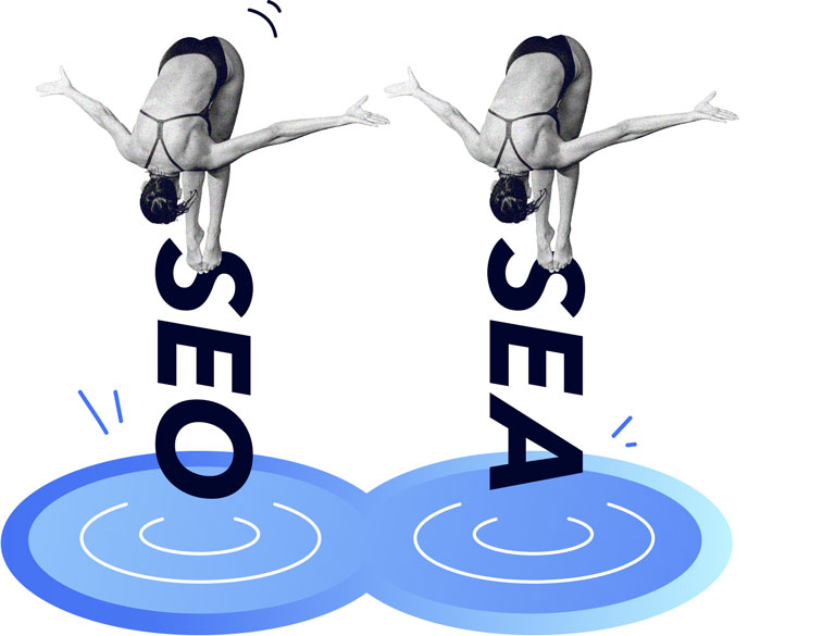 Die Illustration zweier Synchronschwimmerinnen verdeutlichen, dass SEO & SEA gemeinsam am besten funktionieren.