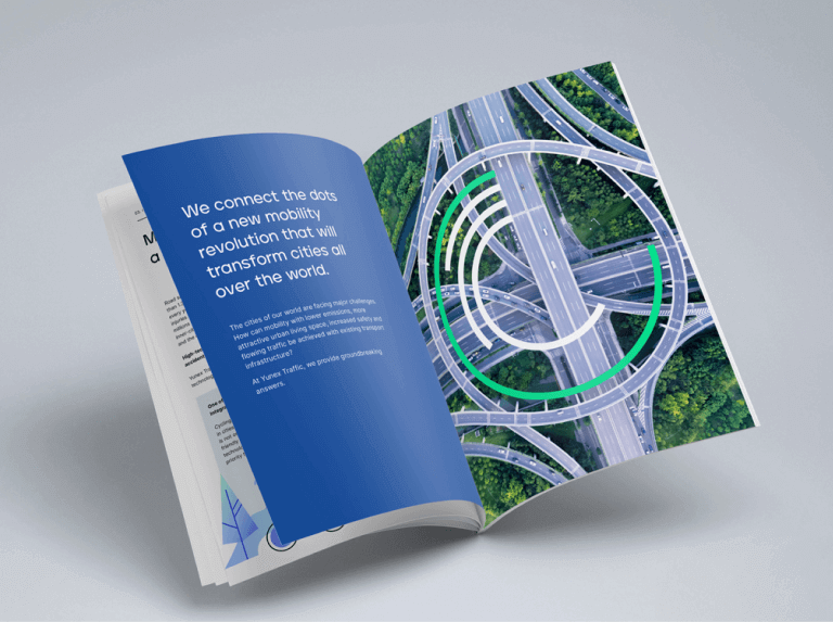 Picture shows a Yunex product brochure designed by creative agency SNK