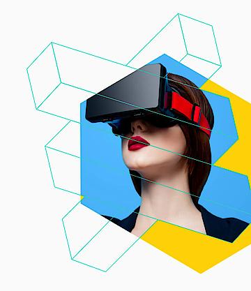 Frau mit VR-Brille und abstrakten Elementen